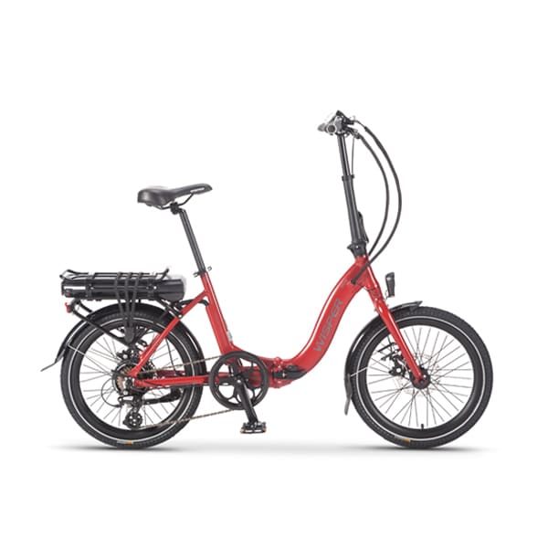 A red Wisper 20 inch wheel folding electric bike