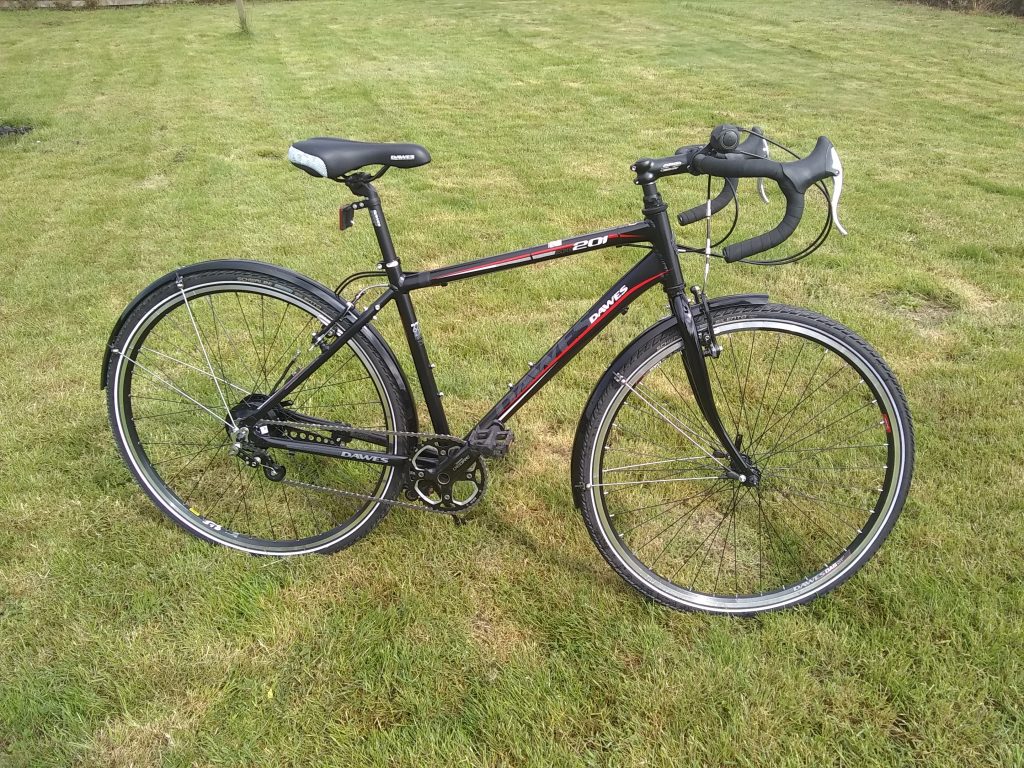 A dawes bike fitted with a rohloff hub gear and drop handlebars. It's one that I built.